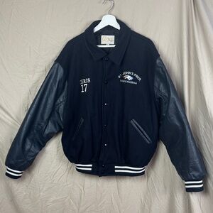 Varsity football jacket men’s size XL navy blue wool and leather unisex